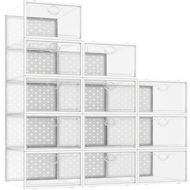 Pinkpum 12 pcs Clear Shoe Boxes, Stackable Plastic Shoes Storage Organiser, Fit Size 9.5, Foldable Sneakers Containers with PP Door Panels, Great Substitute for Shoe Rack, White