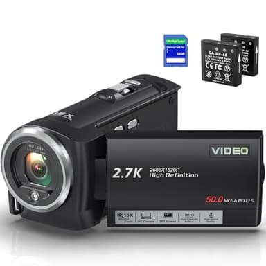Delmodes Camcorder 2.7K 50MP Video Camera 16X Digital Zoom Vlogging Camera with LED Fill Light, 2.8 Inch LCD Screen Camcorder for YouTube with 32GB SD Card, 2 Batteries