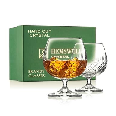 Hemswell Crystal Brandy Glasses Set of 2 - Cut European Crystal Cognac Glasses with Satin Lined Box 250ml - Scotch Port Snifter Goblet - Brandy Gift Set - Wicklow Design