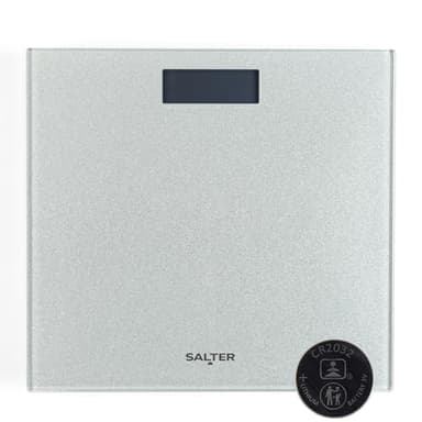 Salter 9037 SVGL3R Silver Glitter Digital Bathroom Scale, Ultra Slim Toughened Glass Platform, Large Easy Read LCD Display & Instant Weight Read Step On Feature, Max Weight 180Kg/ 28st 8lbs