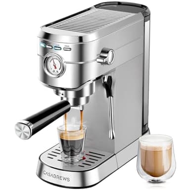 CASABREWS Espresso Machine 20 Bar, Stainless Steel Espresso Coffee Machine with Powerful Steam Wand, Barista Coffee Maker with 1L Removable Water Tank for Cappuccino, Latte, Gift for Her or Him