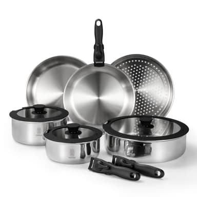 ROYDX Uncoated 18/10 Stainless Steel Cookware Set, Large Frying Pan Set with Steamer and Saute Pan, Stay-Cool Detachable Handles and Glass Lid, LFGB Approved Pots and Pans Set, Serve 4-6 People