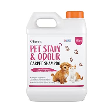 Pawbits Pet Stain and Odour Carpet Shampoo 1L Super Concentrated - Lemon Scented Carpet and Upholstery Cleaner with Odour Neutraliser - Removes Cat Dog or Puppy Urine/Waste Smells, Cruelty Free