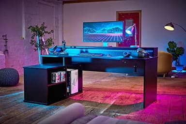 RestRelax - Alpha Gaming Desk UK's #1 Gaming Desk With LED Lights 200CM x 91CM x 125.5CM Computer Desk Workstation For Large PC Or Home Office Desk The Perfect L Shaped Office Desk