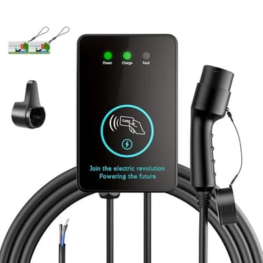 EV Charger 7kW Type 2, Up to 7.4kW 32A Electric Car Charger 5M, Swipe Card Charging, with 2 RFID Cards & Cable Holder