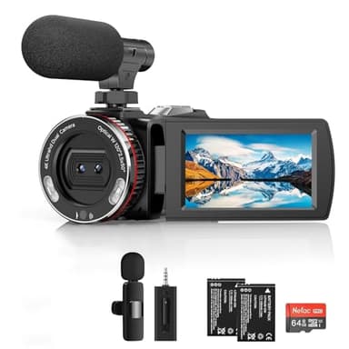 4K Camcorder, 64MP 60FPS Vlogging Camera with Wireless Microphone for YouTube, Ultra HD 3 Inch Flip Screen 21X Digital Zoom Video Recorder Camera with 64GB SD Card,Remote Control and 2 Batteries