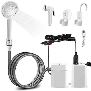 AUTOPkio Portable Outdoor Shower, Camping Shower Head Pump Kit with Rechargeable Battery, Adjustable Water Flow, Sprayer for Hiking, Beach, Car Washing (White)