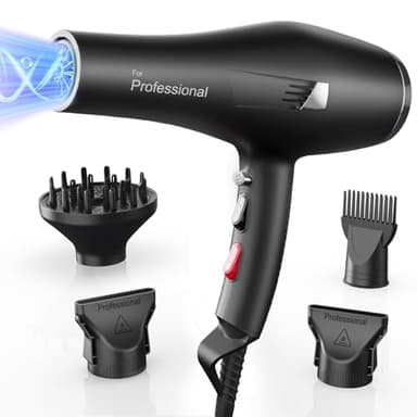 Dekuri Hair Dryer - Professional Ionic Hairdryer, Powerful 2000W AC Motor for Fast Drying, 4 Heat & 3 Speed Settings, Cool Shot, Diffuser & 4 Nozzles for Women Man, Frizz-Free, Black