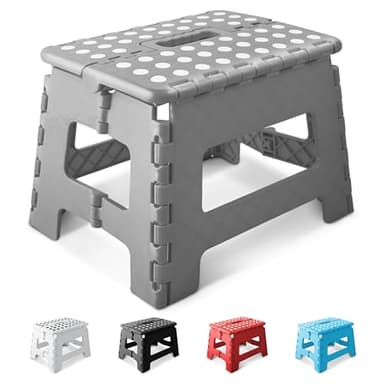 KEPLIN 9 Inch Heavy Duty Folding Step Stool | Non-Slip Foldable Footstool for Toddlers, Children & Adults | Portable, Lightweight Plastic Footstep w/Carrying Handle for Indoor or Outdoor (Grey)
