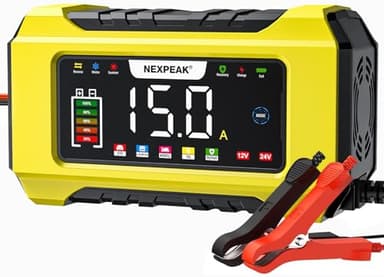15A Car Battery Charger, NEXPEAK 12V 15A/24V 8A Automatic Smart Battery Charger with Temperature Compensation for Car, AGM, Gel, Wet, SLA for Lead Acid Batteries and LiFePO4 Batteries