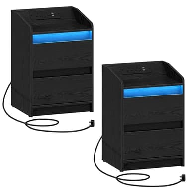 Hzuaneri Bedside Table Set of 2 with LED Lights, Bedside Cabinet with Charging Station and 2 Drawers, Nightstand with USB Ports & Power Outlet, Nightstand for Living Room and Bedroom, Black NS30104XUK