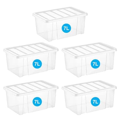 RelianceUK 7L Storage Boxes With Lids | Pack of 5 | Clear Plastic Box for Clothes Shelves Shoes Crafts | Strong, Stackable, Heavy Duty Tubs 7 Litres | Home Office Kitchen BPA Free Containers