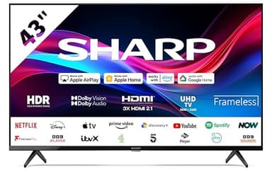 SHARP 43GJ4K 43-Inch 4k Ultra HD Smart Frameless Roku TV™ in Black with Active Motion 400, HDR10 Support, Freeview Play, Pre-Installed Apps, 3x HDMI & 2x USB