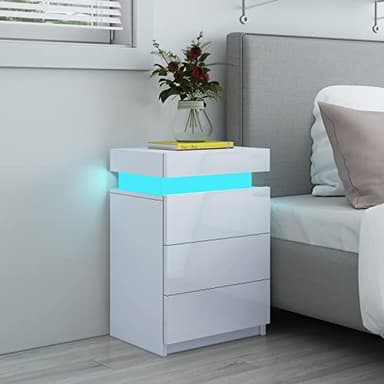 Led Bedside Table White Gloss Bedroom Unit Sofa Table with 3 Drawers 16 Colors RGB LED Nightstand Cabinet 45 x 35 x 67cm