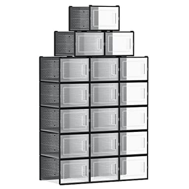 SONGMICS Shoe Boxes, Pack of 18 Stackable Shoe Storage Organisers, Foldable and Versatile for Sneakers, Fit up to UK Size 11.5, Black LSP007B18