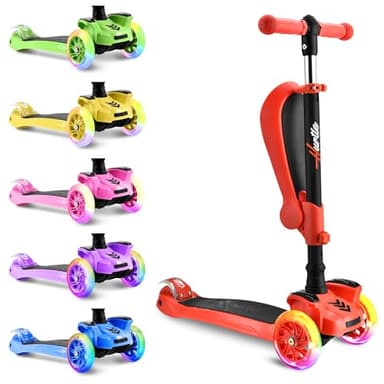 Hurtle, 3 Wheel Try Scooter for Kids - Ages 2-12, Kids Scooter, Boys & Girls Scooter, w/Flip-able Seat, Scooter for 2+ Year Old, Foldable Kick Toddler Scooter, Flashing Lights, Adjustable Height