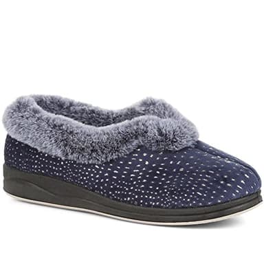 Pavers Women's Wide Fit Full Slippers in Navy - Soft Lined Velour Shoes with Memory Foam and Faux-Fur Cuff - Comfortable Footwear - Size UK 6 / EU 39