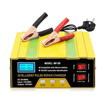 Hoypeyfiy 12V/24V 10A Smart Car Battery Charger - Automatic Battery Maintainer & Monitor for Cars, Trucks, Motorcycles, Boats, Lawn Mowers - Compatible with Lithium Lead-Acid Batteries