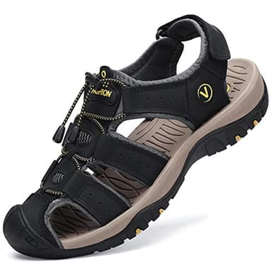 FLARUT Men's Sport Sandals Outdoor Hiking Sandals Closed Toe Lightweight Leather Athletic Trail Walking Casual Sandals Water Shoes (A-Black,EU 44,UK 10)