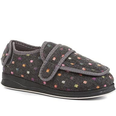 Pavers Ladies Slippers in Grey Comfort Focused for Sensitive Feet Dual Multi Fitting with Touch Fasten Strap Cushioned Lining - Size UK 5/EU 38