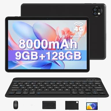 DOOGEE T10W Android 14 Tablet 10.1 Inch, 4G Dual SIM Card Slots, 8000mAh, 9GB RAM + 128GB ROM/TF 1TB, Low Blue Light, BT5.0/Type C/OTG/Tablet with Keyboard/Mouse/Case/Pen - Black