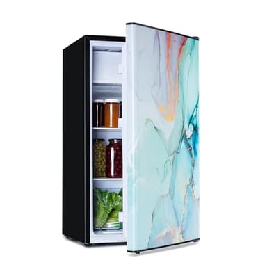 Klarstein CoolArt Fridge-Freezer Combination - Refrigerator with 2 Cooling Levels, Design Front, Thermostat with 5 Levels, 0 to 10 ° C, Compact Dimensions, Design, Pastel, 79L