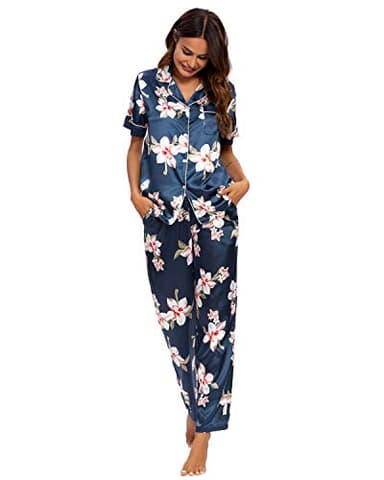 GOSO Women Pyjamas Set-Satin Pyjamas Ladies Button Down Short Sleeve Silk Pyjamas Sleepwear Lady Nightwear Soft Sets