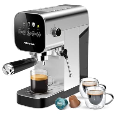 Aigostar 20Bar Espresso Coffee Machine for Capsule & Ground Coffee, Cappuccino & Latte Maker with Milk Frother Wand, Stainless Steel Professional Espresso Maker, Touch Panel, Removable Tank - Barista