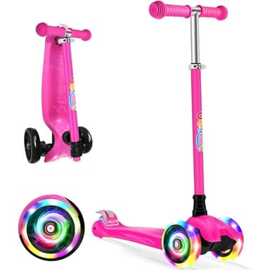 BELEEV Deluxe 3-Wheel Scooter for Kids Age 3-12, Adjustable Height, Lean to Steer, Light Up Wheels, Extra-Wide Deck, Children's Scooter (Pink)