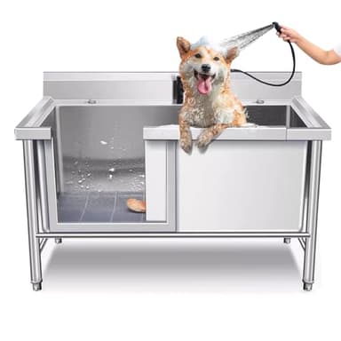 Outside Dog Washing Station,Stainless Steel Pet Dog Bath Tub, Dog Grooming Tub, Cats Dog Wash Shower Sink,Dog Washing Station Left Door with Multifunctional Stool(120cm)