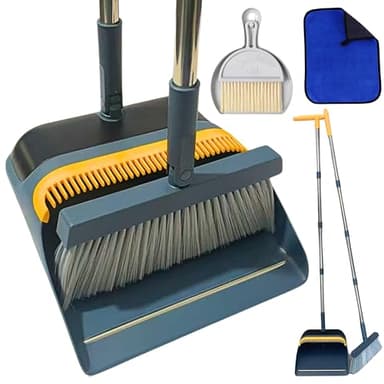 FLOORINGTON Dustpan and Brush Sets Long Broom Long Handled Dustpan & Brush Set Sweeping Brush Household Dust Pan with Soft Brush for Indoor Free Mini Dustpan Brush Set & Cleaning Cloth (GREY & YELLOW)