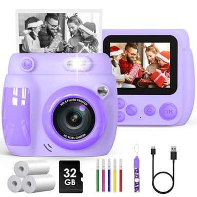 Gofunly Kids Camera Instant Print, 2.4'' Instant Camera for Kids with 32GB Card & 3 Rolls Print Paper, 1080P HD Kids Digital Camera, Christmas Birthday Gift Kids Toy for Boys Girls Aged 3-10, Purple