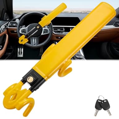 Warmiehomy Steering Wheel Lock Twin Bar, Heavy Steering Lock For Car, High Visibility Strong Car Lock Anti-theft Device, Universal Car Steering Lock, Adjustable Length Lock For Car With 2 Keys, Yellow