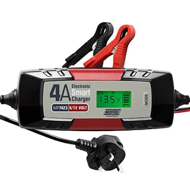 Maypole 4A Dual Voltage 6/12V Electronic Smart Car Battery Charger Fully Automatic 5 Stage Charging Cycle Lead Acid AGM, Red/Black