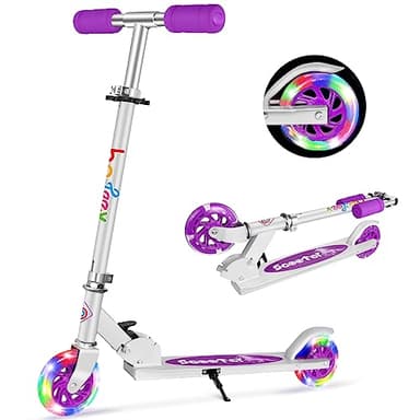 BELEEV Scooter for Kids, 2 Wheels Folding Kick Scooter for Children Girl and Boys, 3 Adjustable Height, LED Flashing Light up Wheels, with Kickstand (Purple)