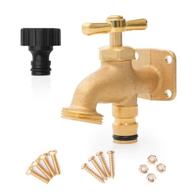 Brass Anywhere Tap with ¾ BSP Brass Thread | Outdoor Tap with Screw & Wall Plug Fittings | Outside Garden Tap 80mm X 80mm X 40mm Union Bib Tap | Antique Brass Tap for Gardens, Garages, & Stables
