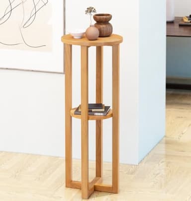 Hallowood Furniture Waverly Oak Tall Round Side Table, Solid Wooden Slim Bedside & Plant Stand for Living Room & Small Spaces