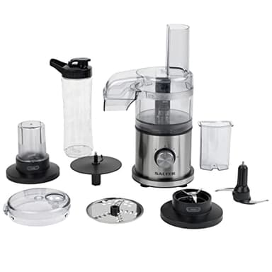 Salter EK5028 4-in-1 Food Processor and Blender, Electric Chopper, Slice, Grind & Shred, 2 Speeds & Pulse, Includes Dishwasher Safe; BPA Free Food Pusher, 600ml Bottle & 30g Grind Cup, 400W, Black