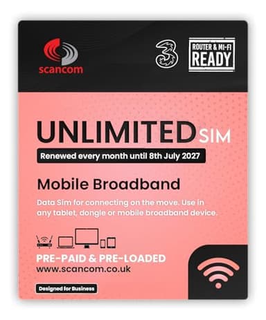 Three Unlimited Data SIM – Uncapped 5G Speeds – Preloaded EVERY MONTH Until 8th JULY 2027 – No Contract – Plug & Play for Business Broadband, Routers & Phones