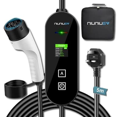 NIUNIUEV EV Charger Cable Type 2 to 3 Pin Plug, Portable UK 3 Pin EV Charger, Electric Car Charger [6/8/10/13A], 3.6KW EV Car Charger with LED Display, IP65 Waterproof, Type 2 Cable EVs and PHEV (5M)