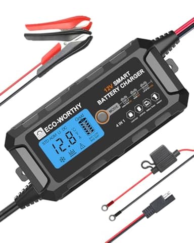 ECO-WORTHY 12V 5A Lithium LiFePO4 Battery Charger (UK Plug) Automatic Smart and Maintainer with LCD Display for Lead Acid and Lithium (LiFePO4) Battery Scooter
