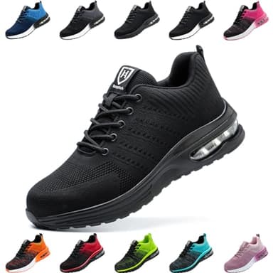 Nasogetch Safety Trainers Steel Toe Cap Trainers Men Women Lightweight Breathable Safety Shoes Work Trainers with Cushioning Black UK 9 Label Size 43