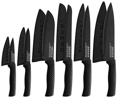 BRANIK 6Pc Black Kitchen Knife Sets with Protective Sheaths & Giftbox, Premium German Steel, Special Non-Stick Coating Making Them Dishwasher Safe