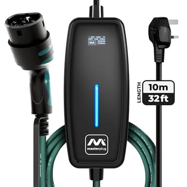 Masterplug EV Charging Cable for Electric and Hybrid Vehicles, 10 Metres, Mode 2, 3 Pin UK Plug to Type 2 Car Charger, 2.4kW, EVCM221010