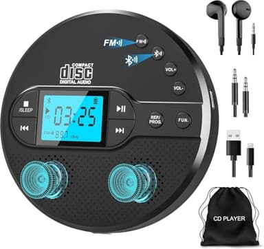 Greadio NEW 2025 Walkman CD Player with Bluetooth, Portable CD Player with 2000mAh Rechargeable Battery, Compatible FM Transmitter, USB, AUX, Personal MP3 Players Anti-Skip Protection for Car (Black)