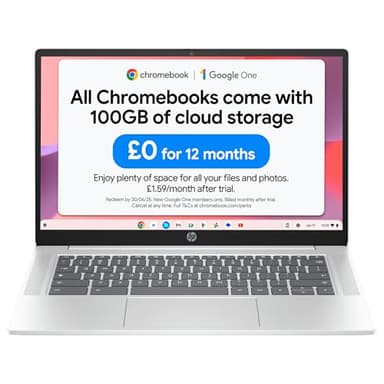 HP Chromebook 14" | Intel Processor N100 Processor| 8 GB RAM | 128 GB Flash Storage | Intel UHD Graphics | FHD Display | Up to 12hrs battery | Chrome OS | Dual Speakers | Glacier Silver | 14a-nf0003sa