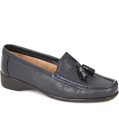 Pavers Women's Loafers in Navy with Tassel and Contrast Stitch Detail - Wide Fit Elegant Leather Shoes - Ladies Smart Footwear - Size UK 6 / EU 39