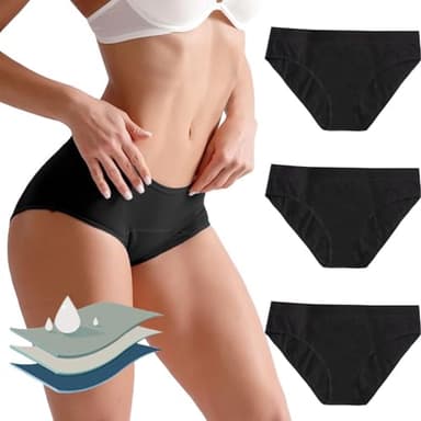 Runmeihe 3 Pack Period Pants for Women, Washable Incontinence Leakproof Cotton Underwear, High Absorbency Postpartum Underwear (UK, Alpha, M, Regular, Regular, Black*3, 4Layer Leak Proof)