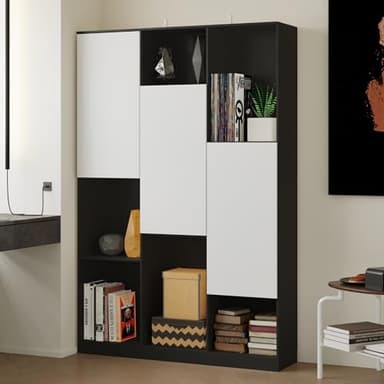 PREMTURE Bookcase with 3 Removable Doors, Modern Bookshelf with Adjustable Shelves, Free Standing Wooden Display Storage Cabinet for Living Room Bedroom, White & Black, 30D × 120W × 180H cm