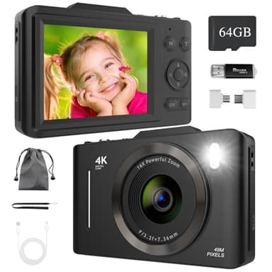 Digital Camera 4K 48MP, Digital Cameras Kids with 64GB Card, 16X Digital Zoom/Anti Shake/2.8" Large Screen/Autofocus, Compact Vlogging Camera for Kids Beginners Teenagers (Black)